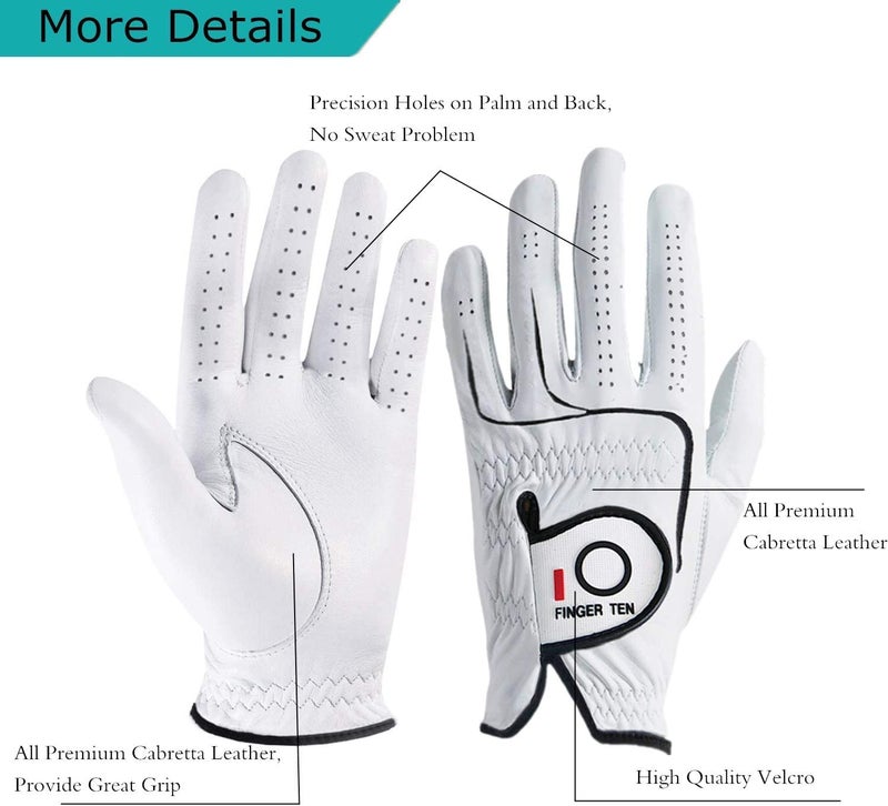 FINGER TEN Golf Gloves Men Right Handed Left Golfer Cabretta Leather Value 3 Pack, Mens Glove Tour Fit Grip Medium Left Hand Right Hand Cadet Size (Natural White, Medium, Left) - Image 3